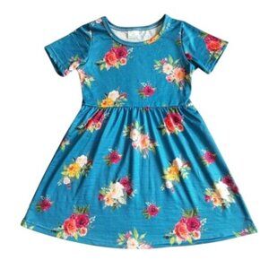 Girls Floral Print Short Sleeve Dress - Teal & Multicolor 4T
